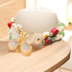 🦋Gold Butterfly and lady bug Charm Bracelet with Multicolor Beads